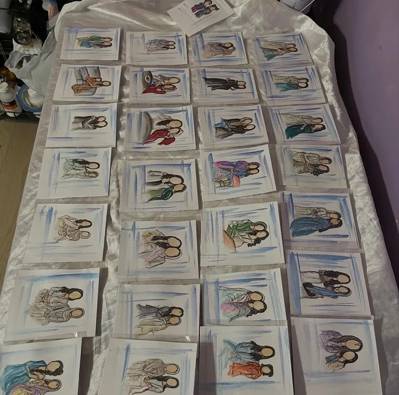 Many completed guest illustrations arranged together